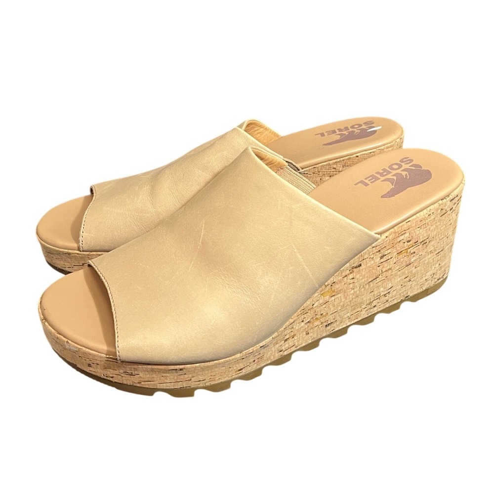 Sorel Womens Size 11 Cameron Wedge Mule Leather Slip on Beige Platform Sandals‎
